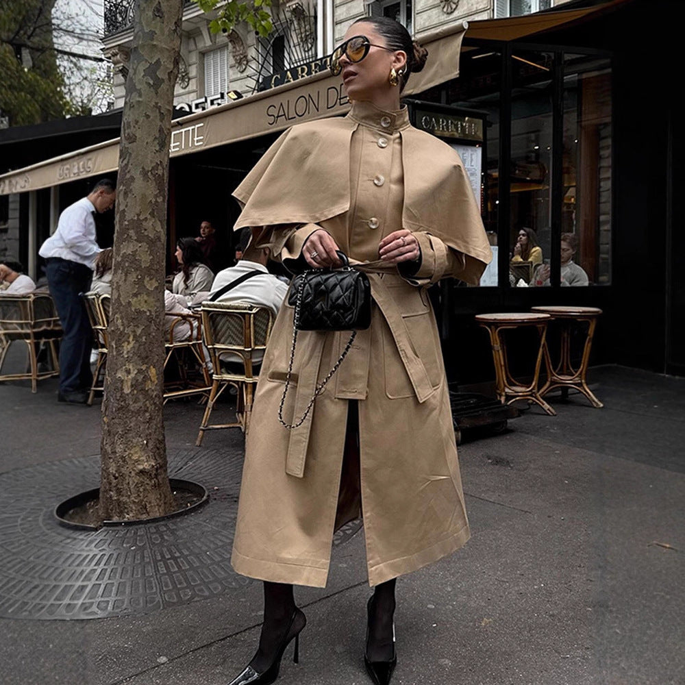 Women Long Trench Coat with Capelet, Waist Belt and Storm Collar Mune Fashion