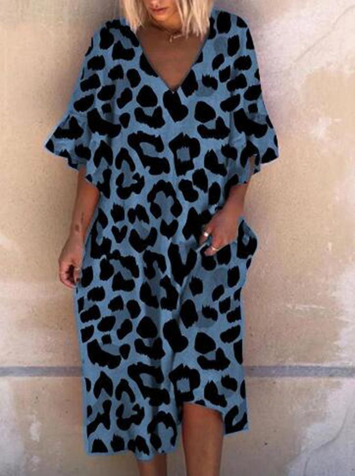 Ladies' casual midi dress in tunic style with V-neck, ruffled sleeves, and side pockets Mune Fashion