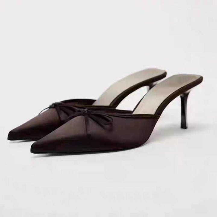 Women's pointed satin-like mule with delicate bow appliqué and slim stiletto heel Mune Fashion