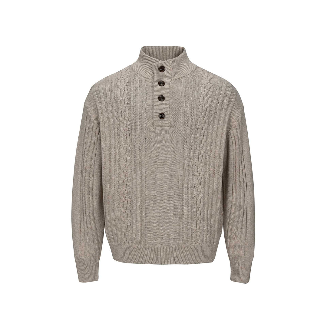 Men's Coarse Structured Knit Sweater with Stand-up Collar and Button Placket Mune Fashion