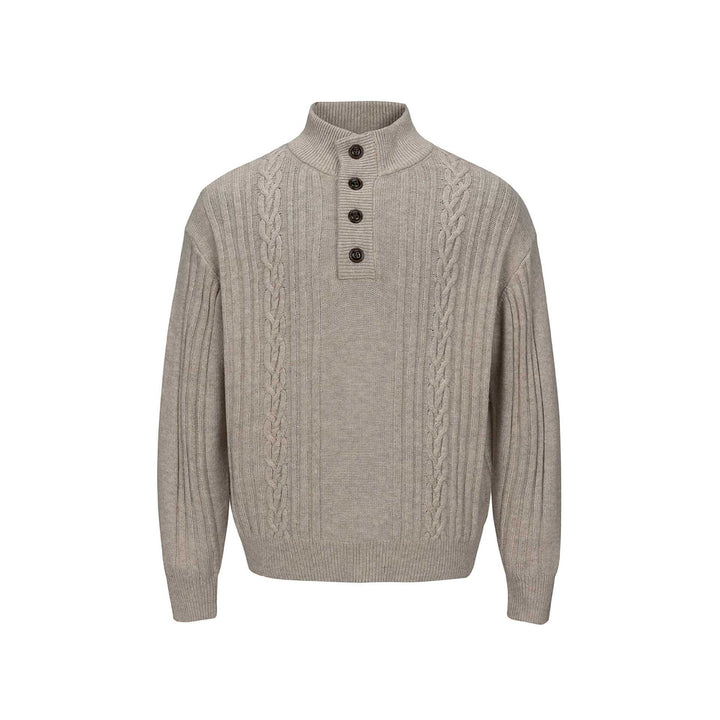Men's Coarse Structured Knit Sweater with Stand-up Collar and Button Placket Mune Fashion