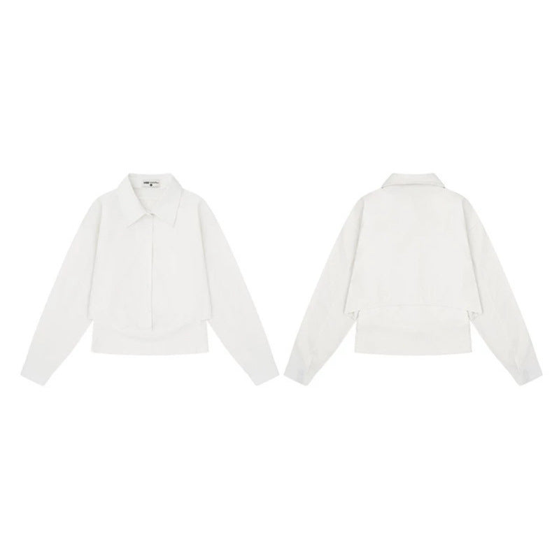 Women's cropped layered shirt with wide Kent collar and extended back Mune Fashion