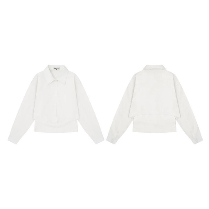Women's cropped layered shirt with wide Kent collar and extended back Mune Fashion