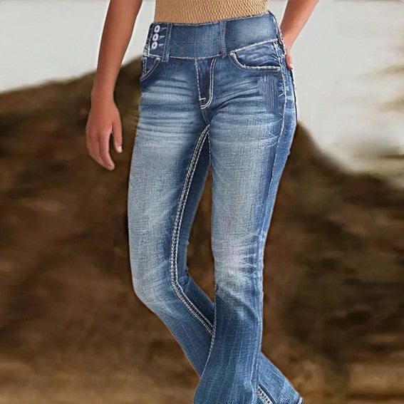 Women High-Waist Bootcut Jeans with sculpting seam design and light vintage finish Mune Fashion