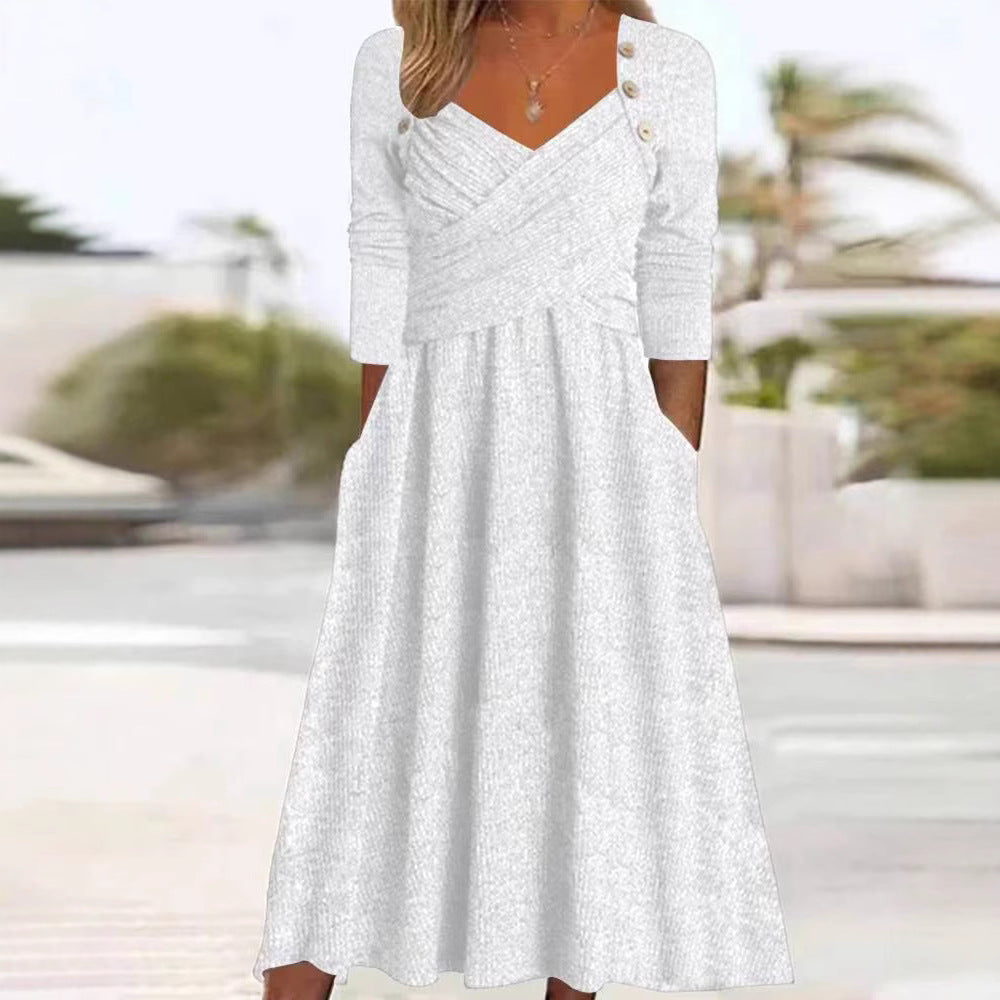Women's knitted maxi dress with wrap top V-neck, side pockets and decorative button placket Mune Fashion