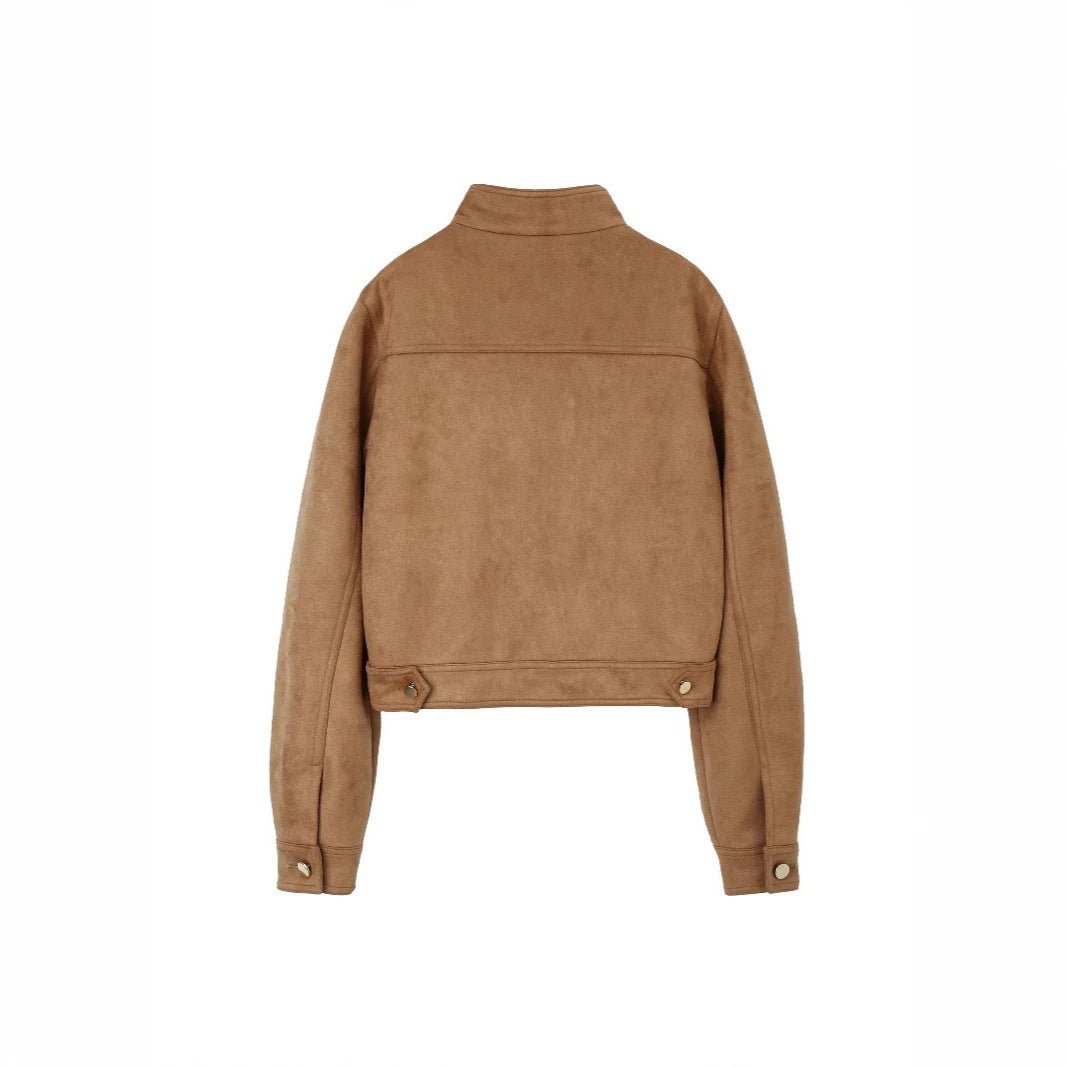 Women’s short jacket made of suede look with stand-up collar and patch pockets Mune Fashion