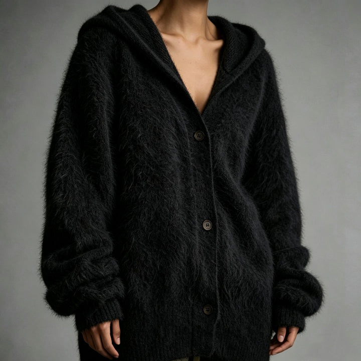 Women's Fluffy Hooded Cardigan in Mohair Look with Button Placket Mune Fashion