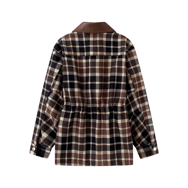 Women's checkered transitional jacket with faux leather shawl collar, waist drawstring and patch pockets Mune Fashion