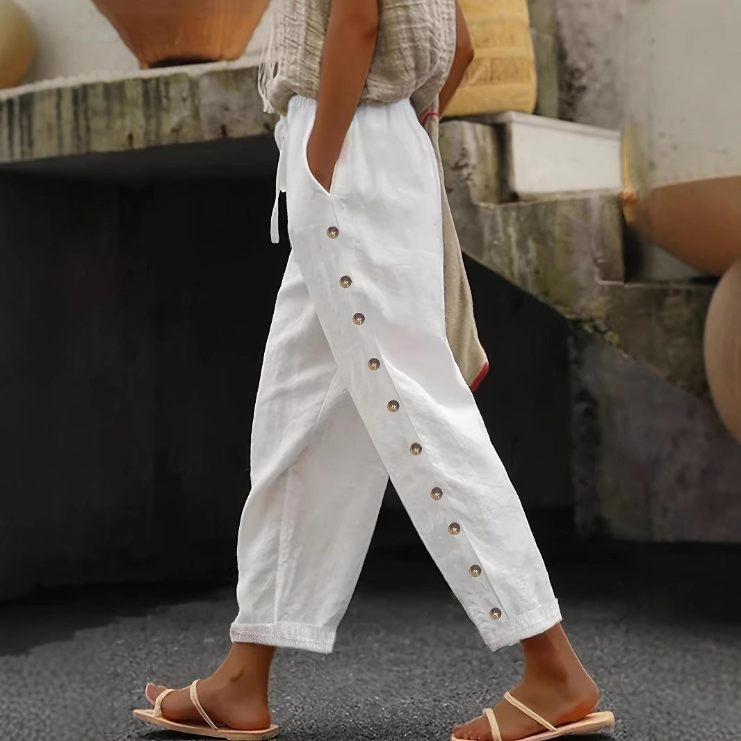 Women's Lightweight Linen Pants with High Waist, Drawstring and Side Snap Detailing Mune Fashion