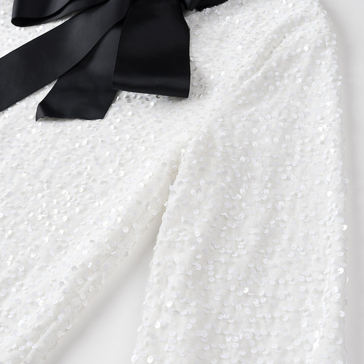 Women's Glitter Tunic with Bow Collar and Fine Sequin Structure Mune Fashion