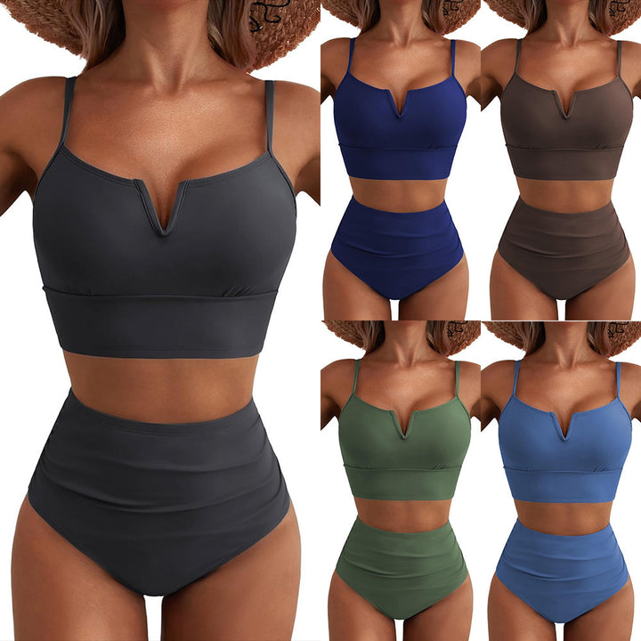Women's High-Waisted Bikini Set with V-Neck and Wide Straps Mune Fashion