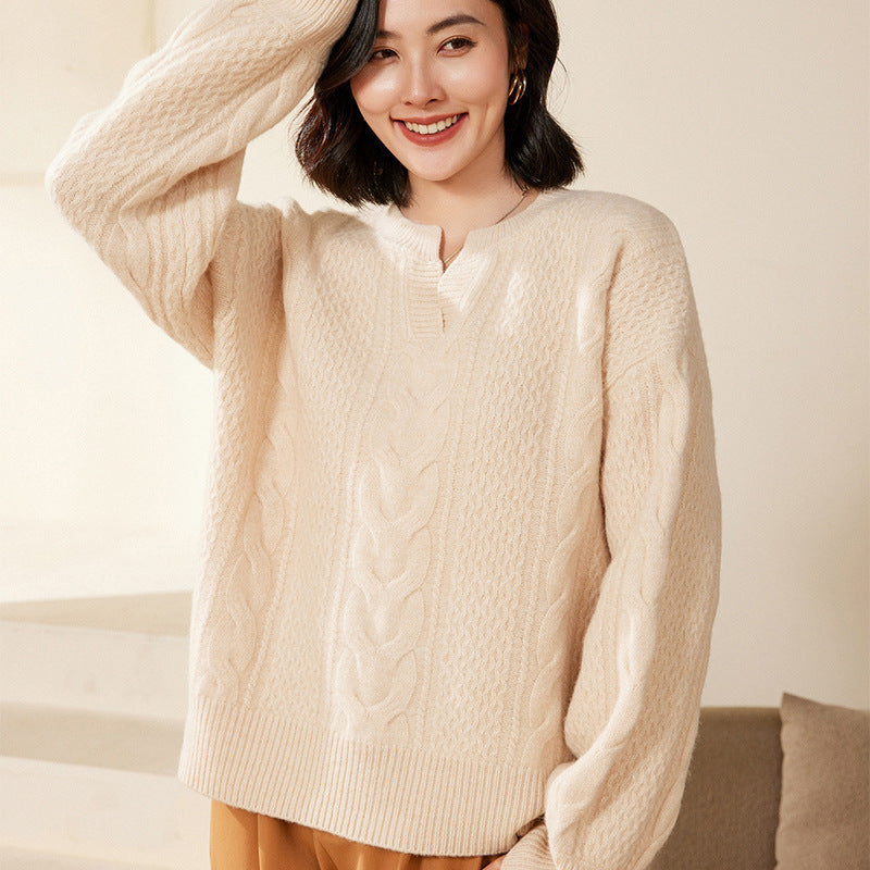 Women's Oversize Cable Knit Sweater with V-Inset and Cashmere-like Softness Mune Fashion