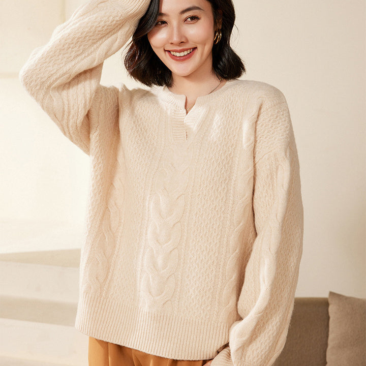 Women's Oversize Cable Knit Sweater with V-Inset and Cashmere-like Softness Mune Fashion