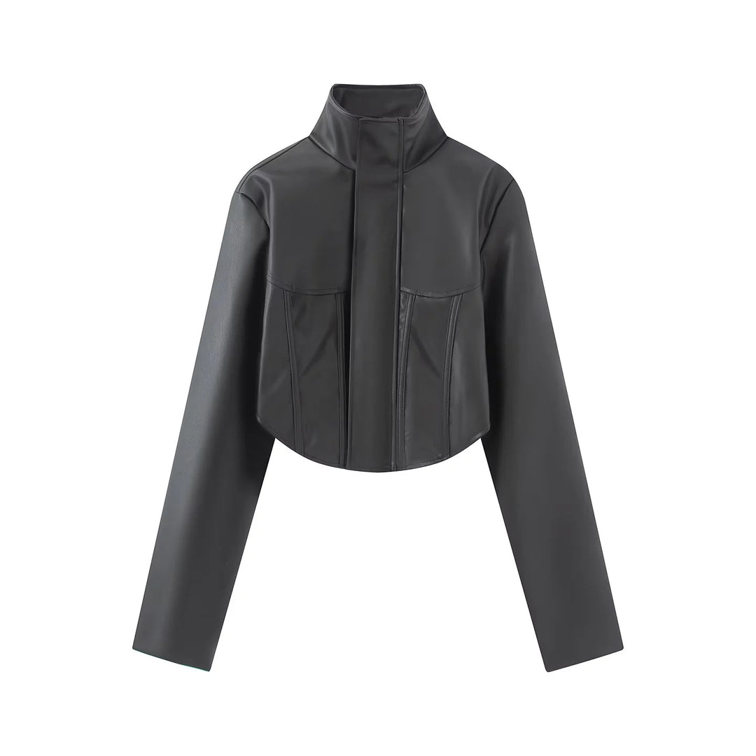 Women's Short Sculpted Corset Jacket with Stand-up Collar, Epaulette Detail, and Concealed Snap Placket Mune Fashion