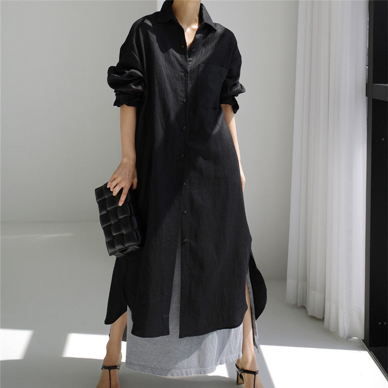 Ladies Long Light Shirt Blouse Midaxi Dress with Kent Collar and High Side Slits Mune Fashion