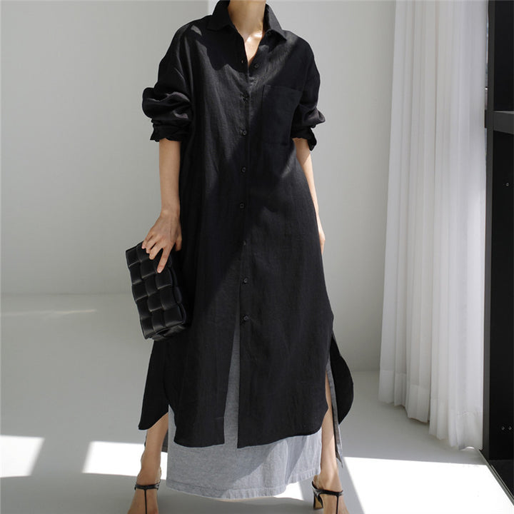 Ladies Long Light Shirt Blouse Midaxi Dress with Kent Collar and High Side Slits Mune Fashion