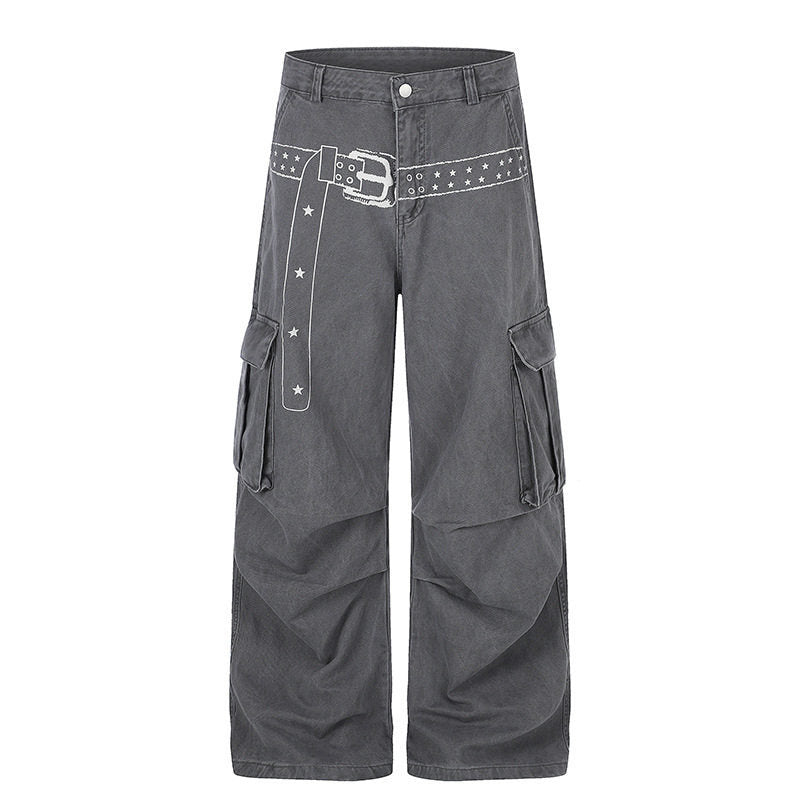 Women's cargo palazzo pants made of cotton blend with wide legs, patch flap pockets and belt print Mune Fashion