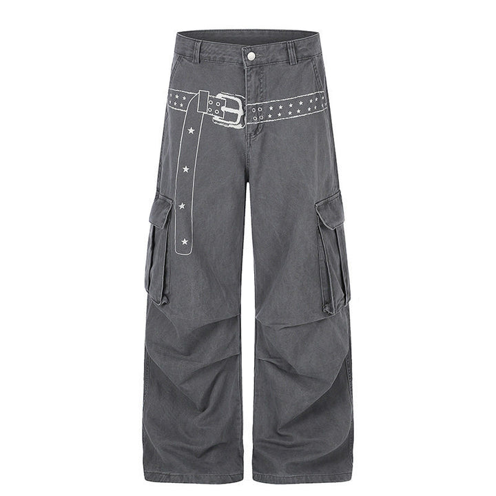 Women's cargo palazzo pants made of cotton blend with wide legs, patch flap pockets and belt print Mune Fashion