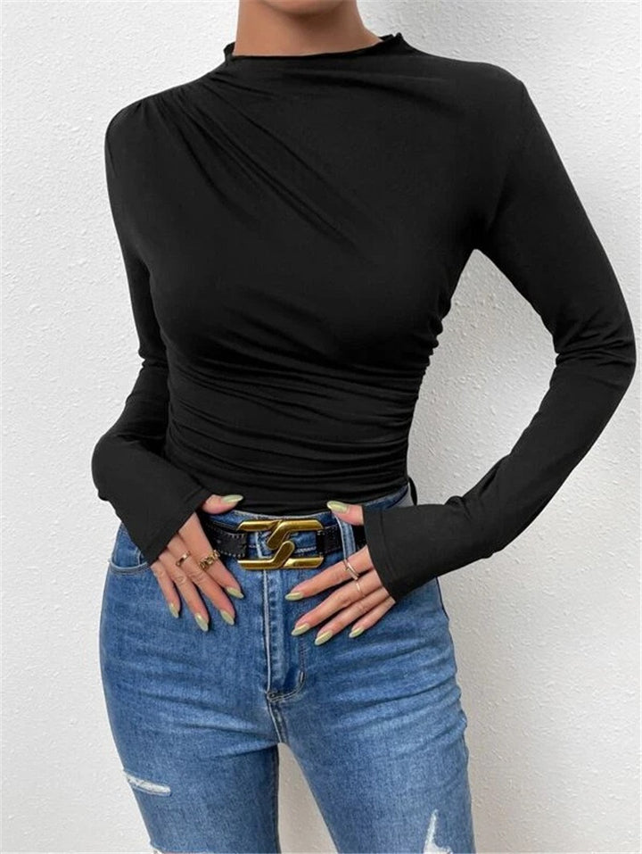 Women's fitted long-sleeve shirt with asymmetrical gathering at the front and boat neck Mune Fashion