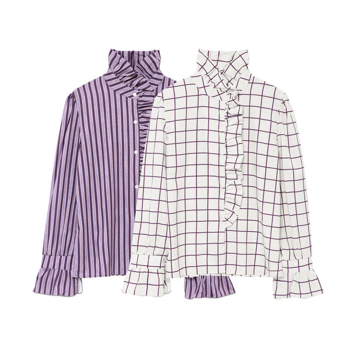 Women's Striped Ruffle Blouse with Stand-Up Collar and Flounce Cuffs Mune Fashion