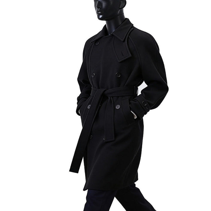 Men's Dramatically Cut Double Breasted Wool Blend Long Coat with Collar Tabs and Tie Belt Mune Fashion