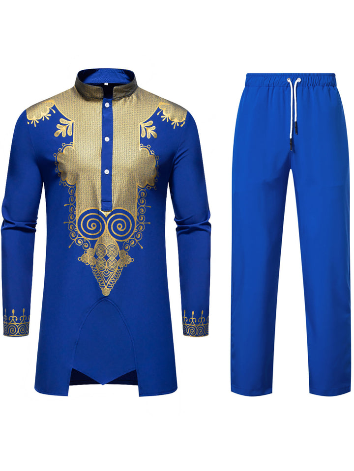 Men's Traditional Tunic Set with Mandarin Collar and Gold-Embellished Ornaments Mune Fashion