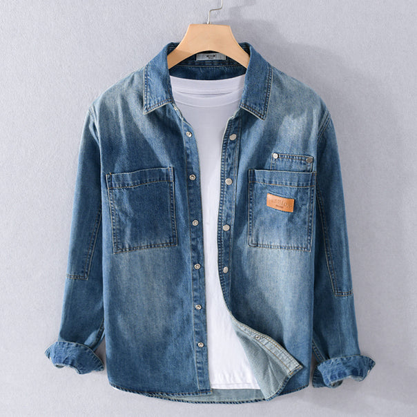 Men's vintage denim shirt jacket in overshirt look with press studs and contrast stitching Mune Fashion