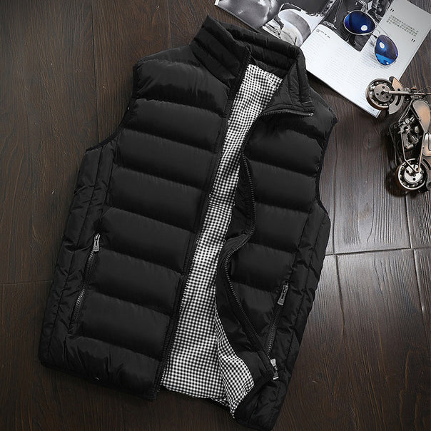 Men's Sleeveless Lightweight Padded Waistcoat with Thermal Lining, Stand Collar, and Checked Inner Lining Mune Fashion