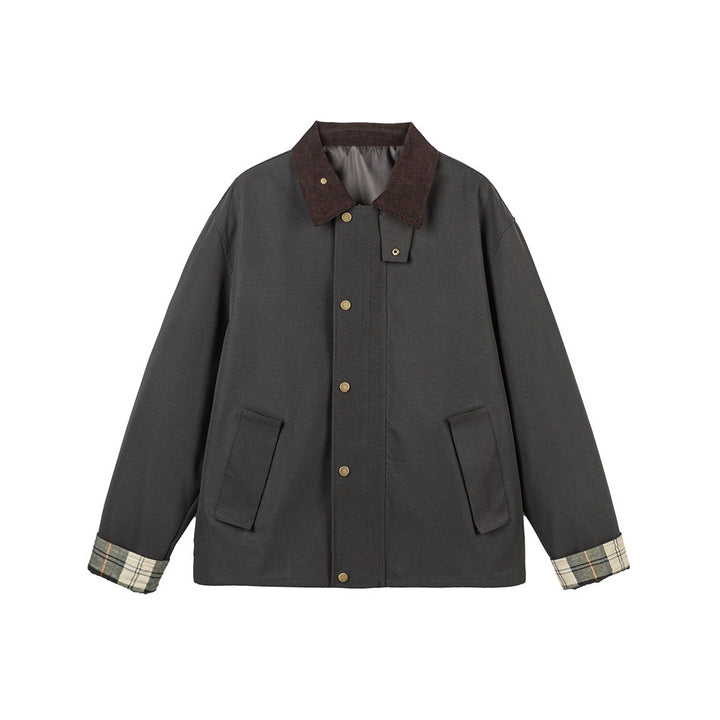 Men's Short-Cut Canvas Field Jacket with Cord Collar and Concealed Snap Placket Mune Fashion