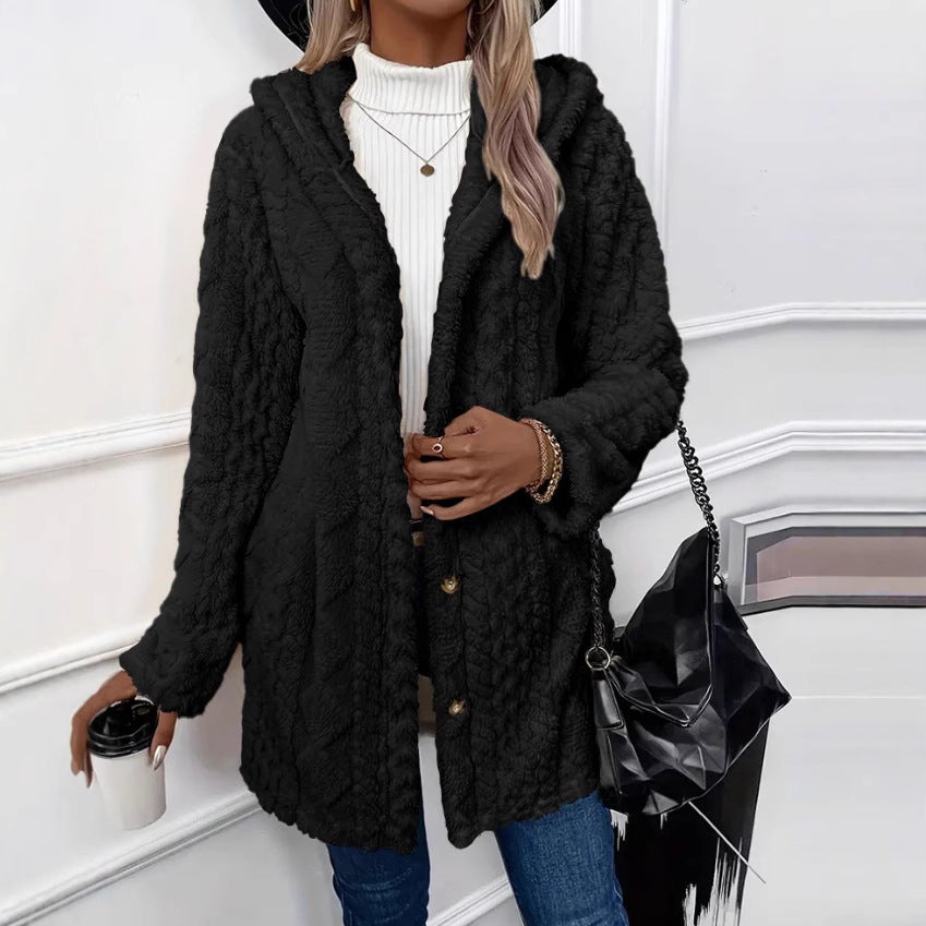 Ladies nan cozy teddy coat with hood, button placket and pockets Mune Fashion