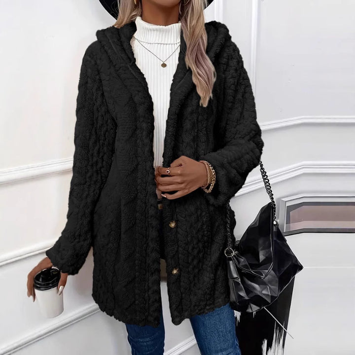 Ladies nan cozy teddy coat with hood, button placket and pockets Mune Fashion