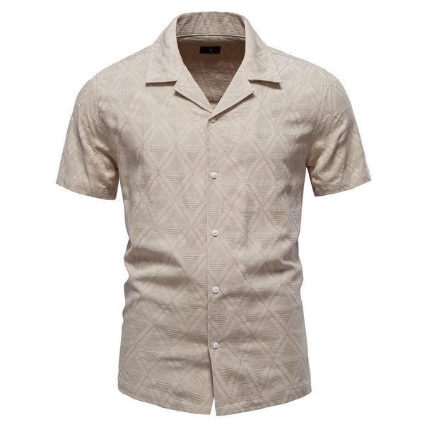 Men's short-sleeved shirt with open lapel collar and geometric jacquard structure Mune Fashion