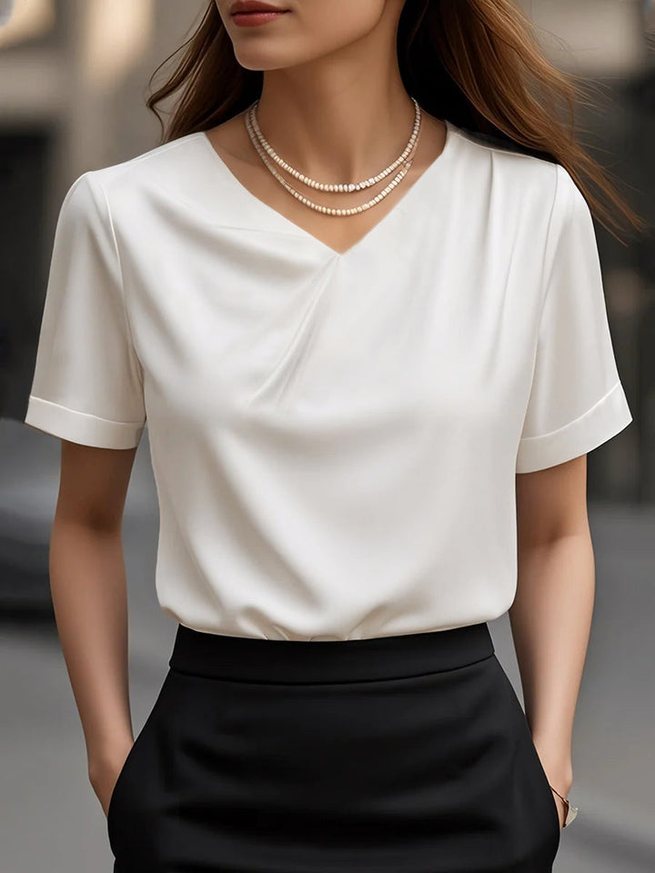 Women Elegant V Neck Blouse Shirt with Short Sleeve Design Mune Fashion