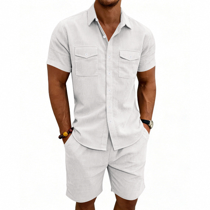 Men's structured cord leisure set with camp collar shirt and casual shorts Mune Fashion