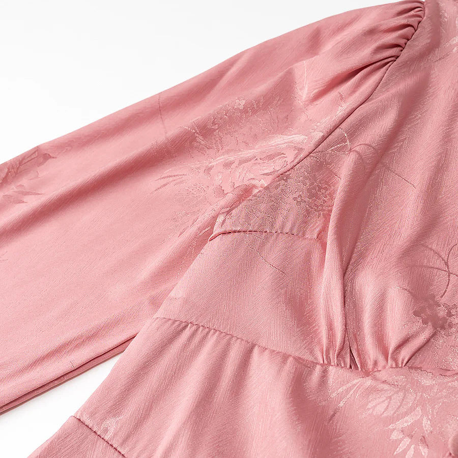 Women's jacquard mini dress with deep V-neckline, decorative button placket and voluminous balloon sleeves Mune Fashion