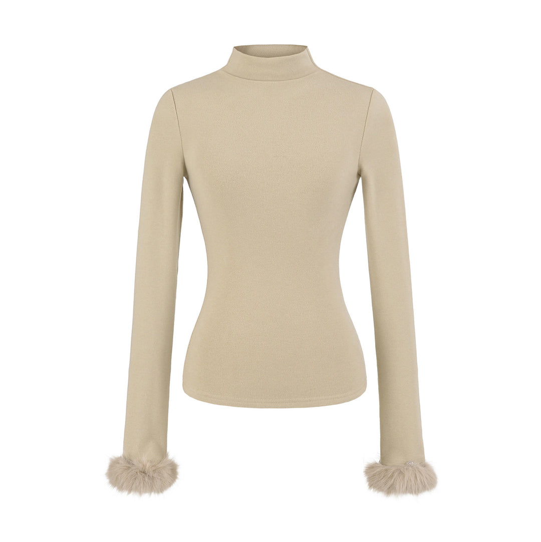 Women's Fitted Turtleneck Top with Faux Fur Cuffs Mune Fashion