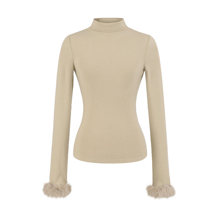 Women's Fitted Turtleneck Top with Faux Fur Cuffs Mune Fashion