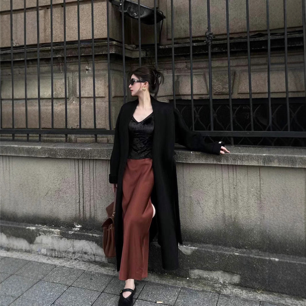 Ladies Mid-length Wrap Coat with Tied Belt and Shawl Collar Mune Fashion