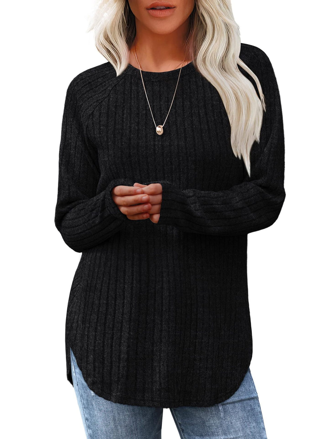 Women's ribbed knit pullover with round neckline oversized fit and side slits Mune Fashion