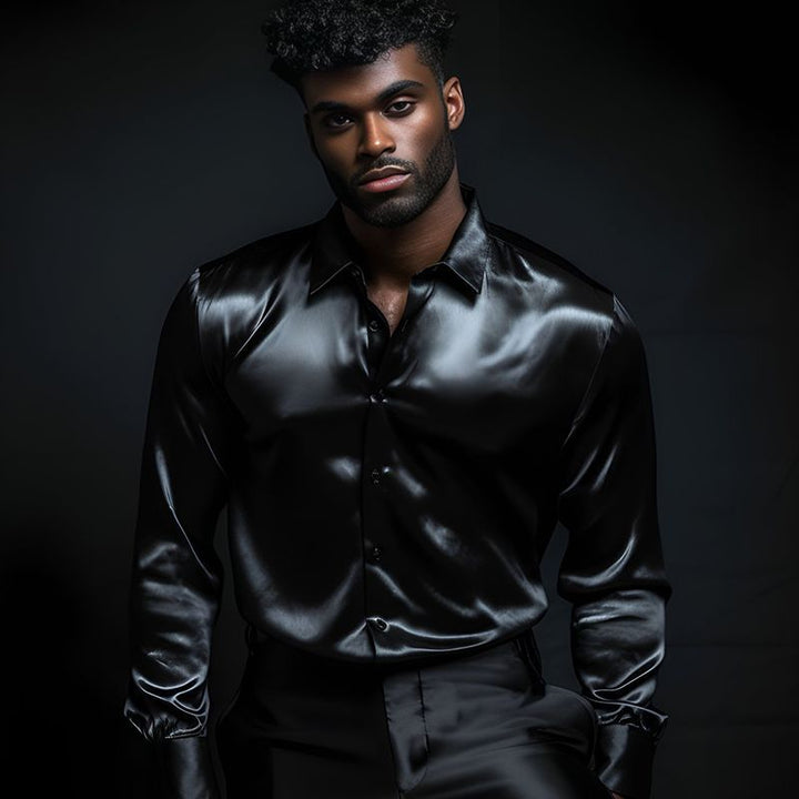 Men's Shirt Made Of Shiny Satin with Modern Collar Mune