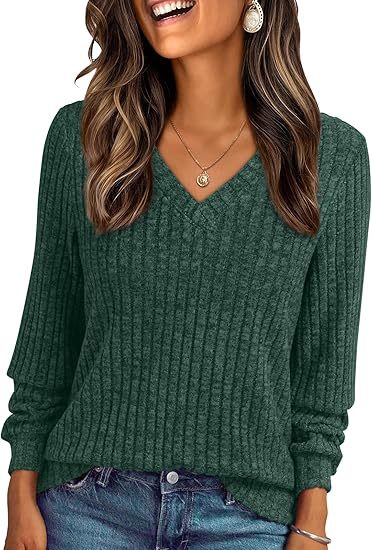 Ladies Soft Ribbed Knit Sweater with V-Neck Mune Fashion