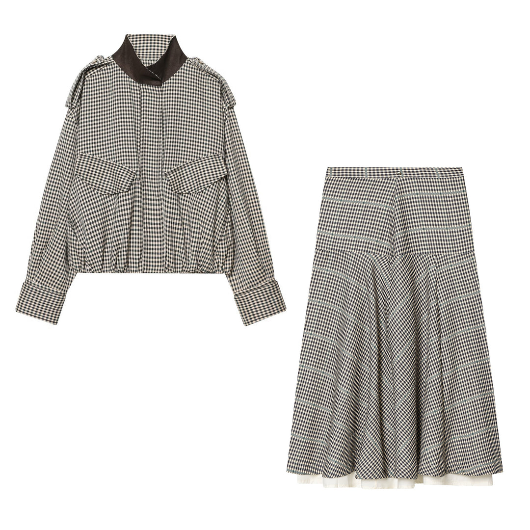 Ladies two-piece checkered set with short bomber-style shirt jacket and flared midi skirt Mune Fashion
