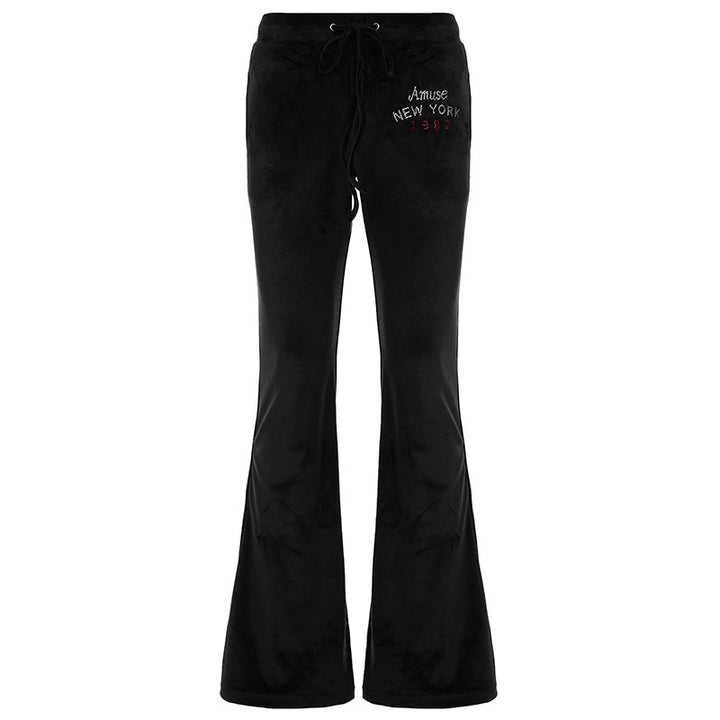 Women's wide velour lounge pants with drawstring waistband, cord drawstring and subtle logo embroidery Mune Fashion