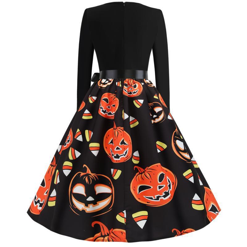 Women Vintage A-Line Dress with Wavy Neckline, Waist Sash and Pumpkin Print Mune Fashion