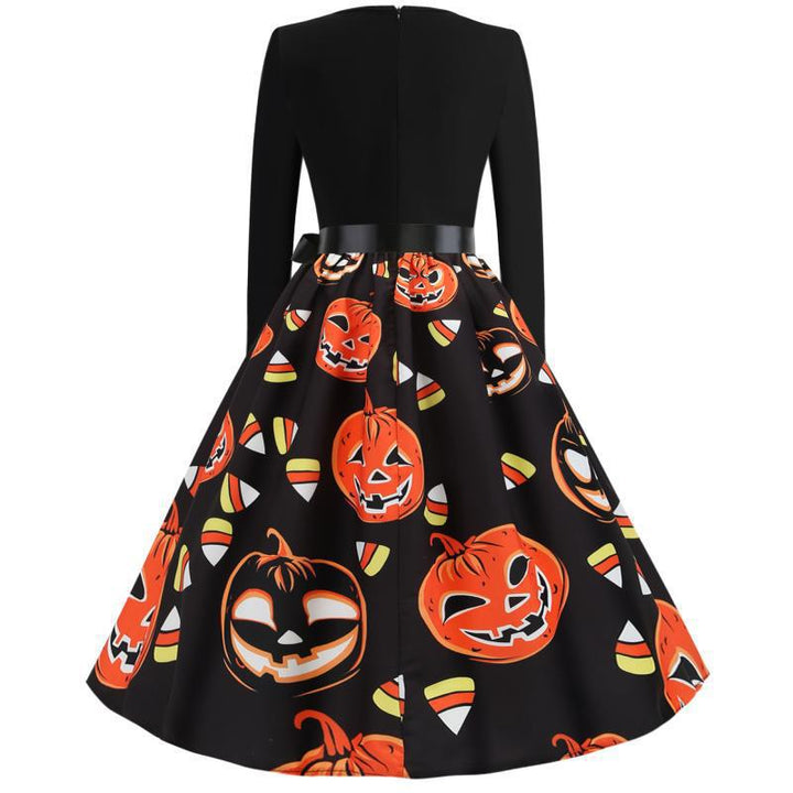 Women Vintage A-Line Dress with Wavy Neckline, Waist Sash and Pumpkin Print Mune Fashion