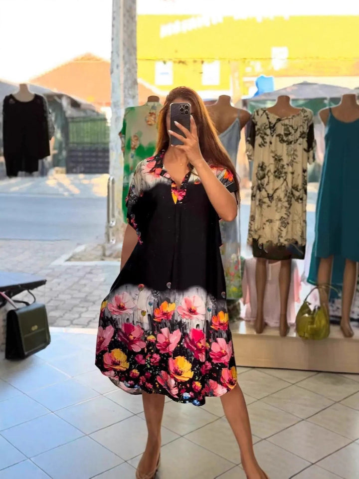 Women's lightweight shirt dress with floral border print, open V-neck and side pockets Mune Fashion