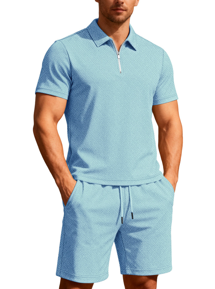 Men's comfortable lounge two-piece set made of structured cotton blend with half-zip polo shirt and drawstring shorts Mune Fashion