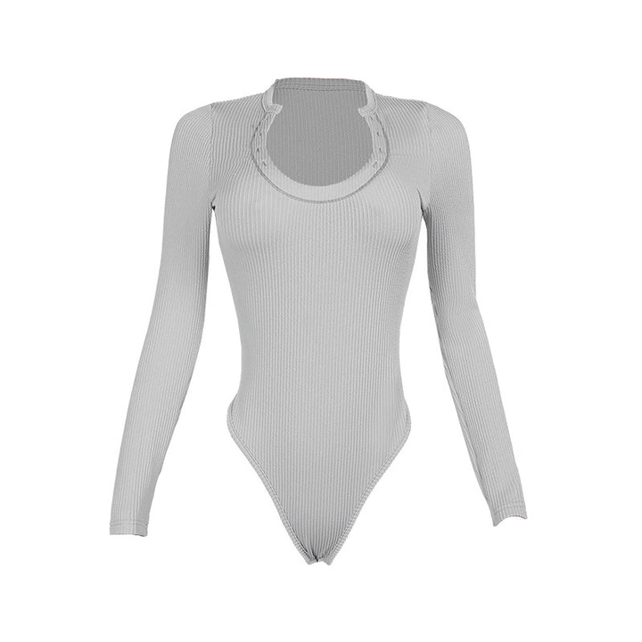 Damen Figurbetonter Rippshirt-Body mit langen Ärmeln und hohem Beinschnitt Mune Fashion