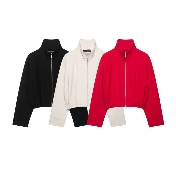 Women's Short Stand Collar Bomber Jacket with Zipper and Fitted Cuffs Mune Fashion