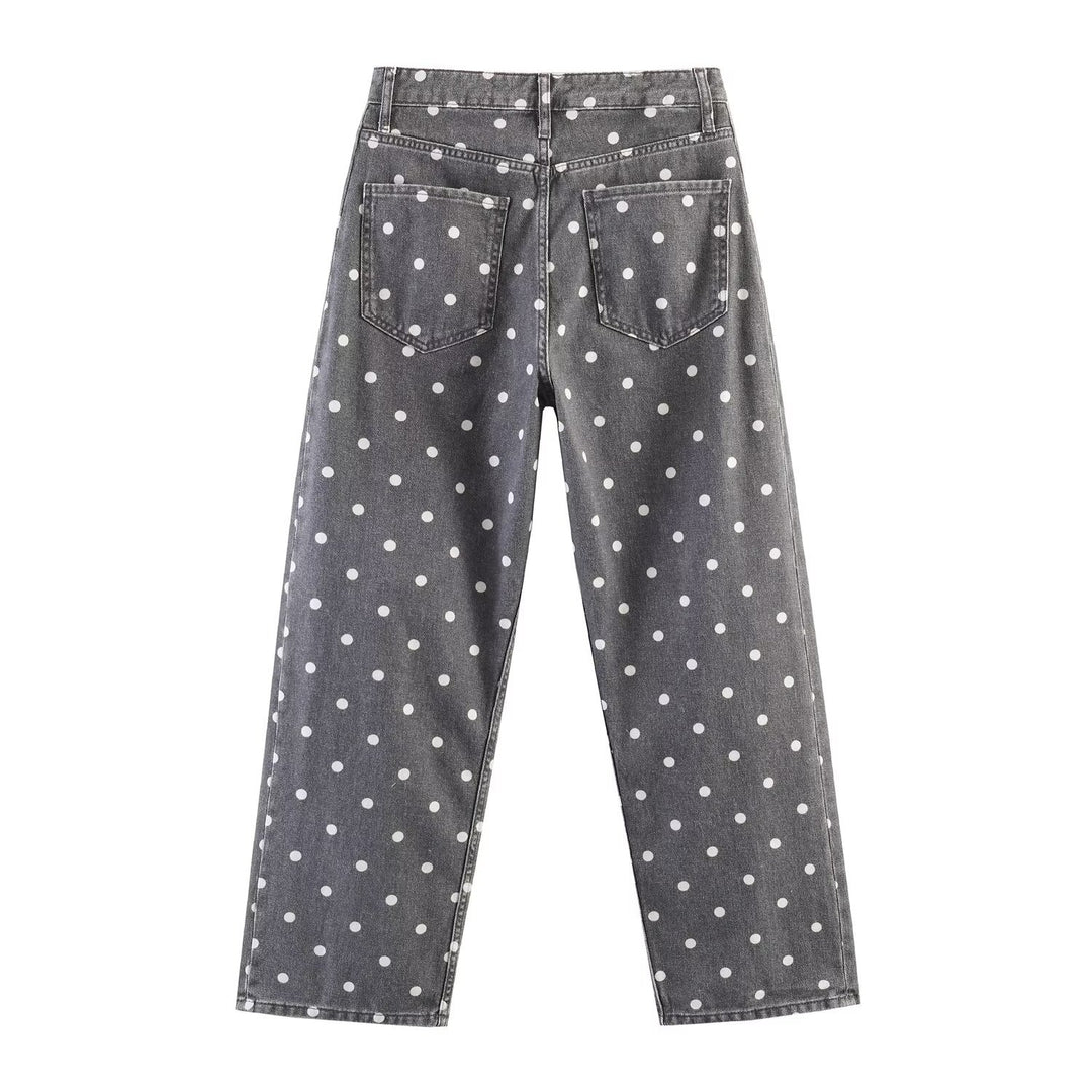 Women's Wide High-Waist Jeans with Allover Polka Dot Pattern and Straight Leg Mune Fashion